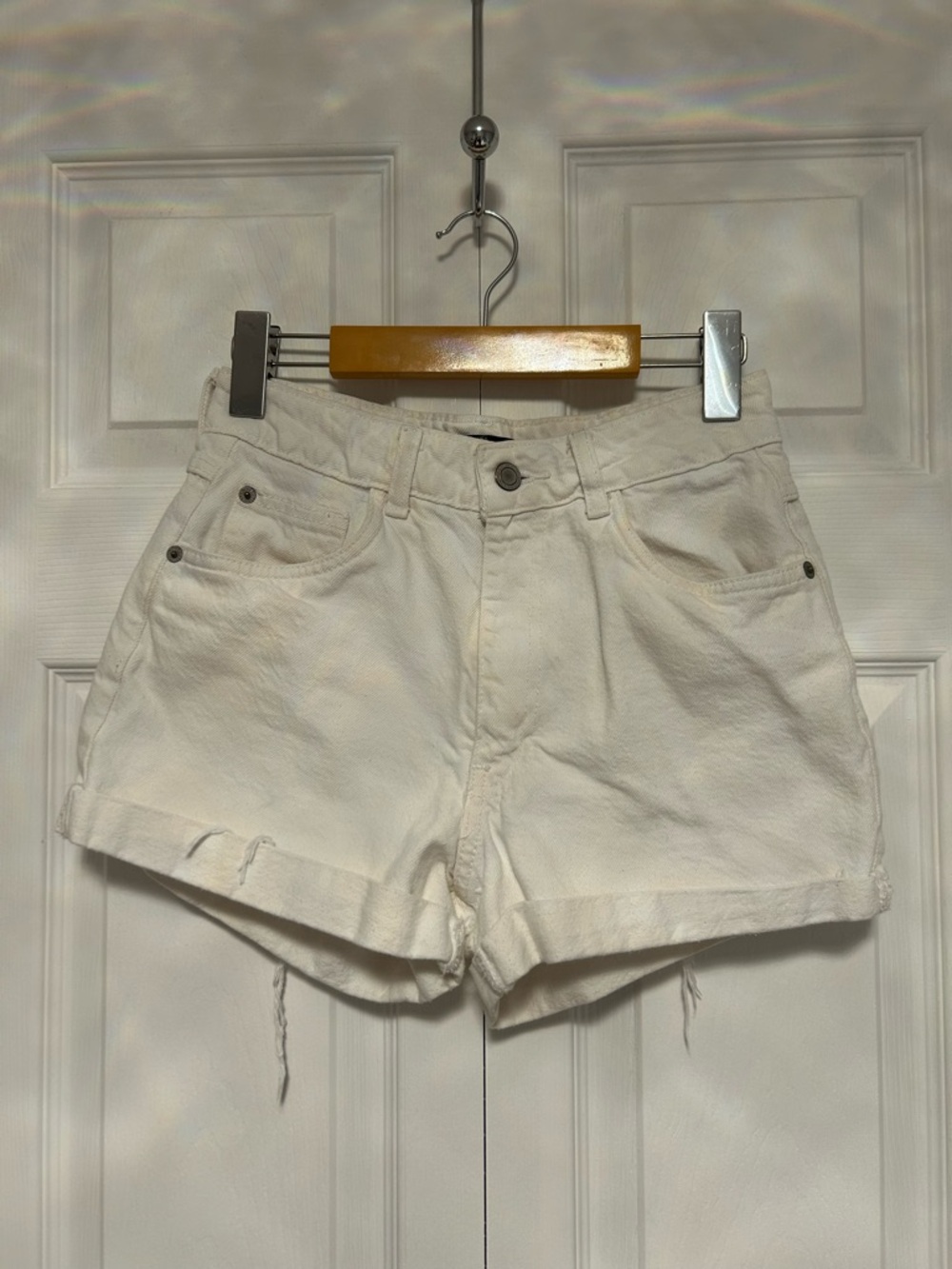 High-Rise White Denim Jean Shorts with Rolled Hem